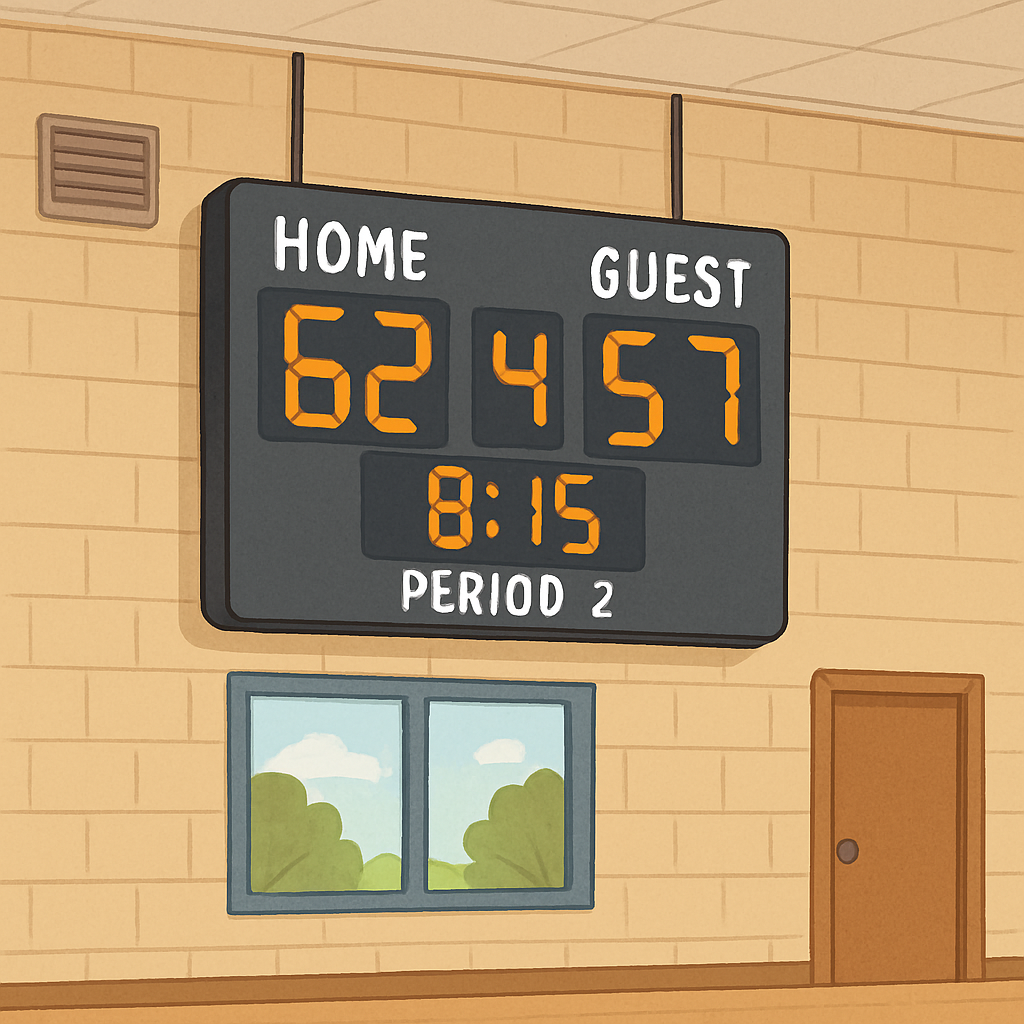 A friendly illustration of a digital scoreboard in a community center setting.