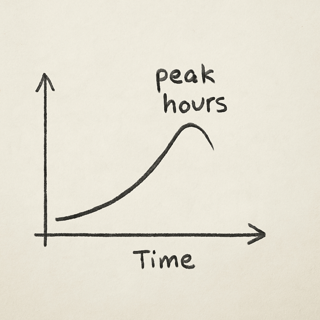 A conceptual sketch of a line graph trending upward with a simple bell curve indicating peak hours.